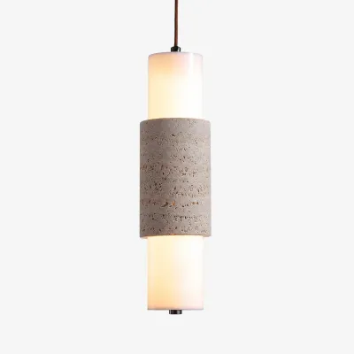 Yellow travertine cylinder pendant lamp with warm frosted diffuser