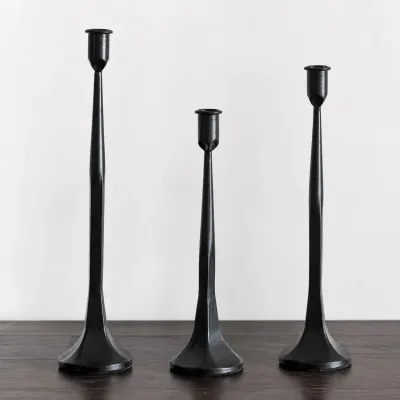 Three piece black iron candle holder set without candles