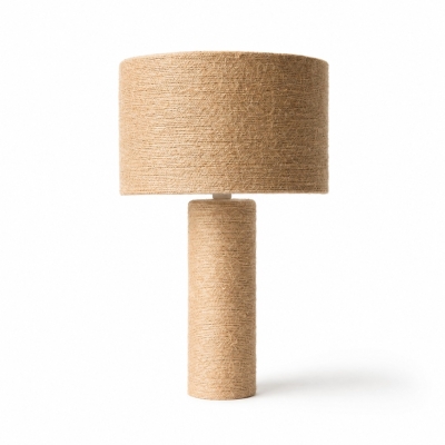 Woven jute cylinder table lamp on a white background