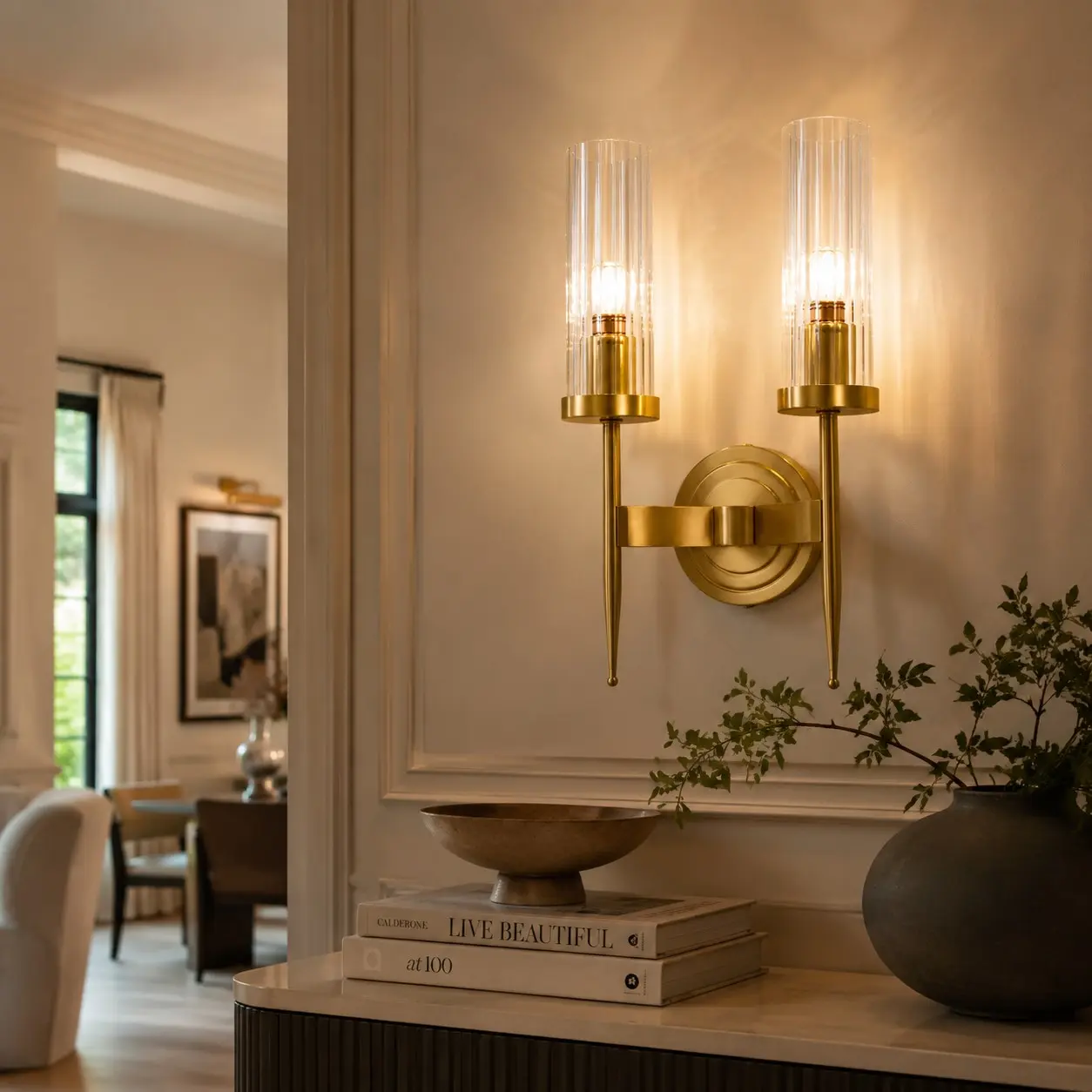 Double-head ribbed glass wall light in use