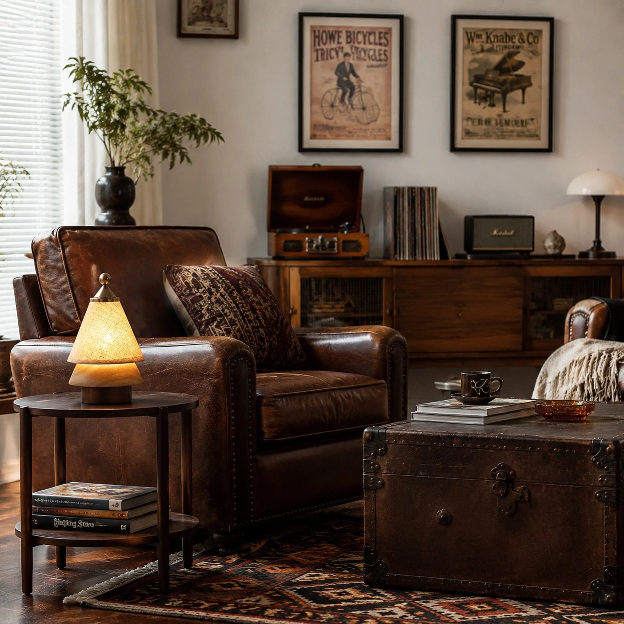 Rechargeable table lamp in a vintage reading room
